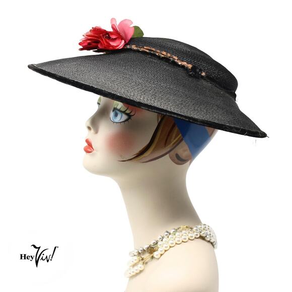 Vintage 1940s Black Wide Brim Platter Tilt Hat Floral Statement Style - Hey Viv main image 6